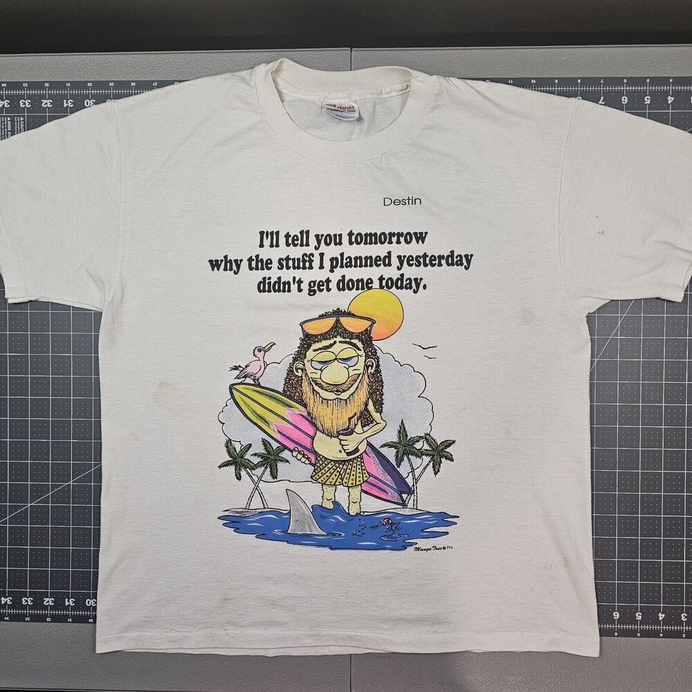 Vintage Surfing Cartoon Tshirt Large 90s Single Stitch Shark Destin Florida